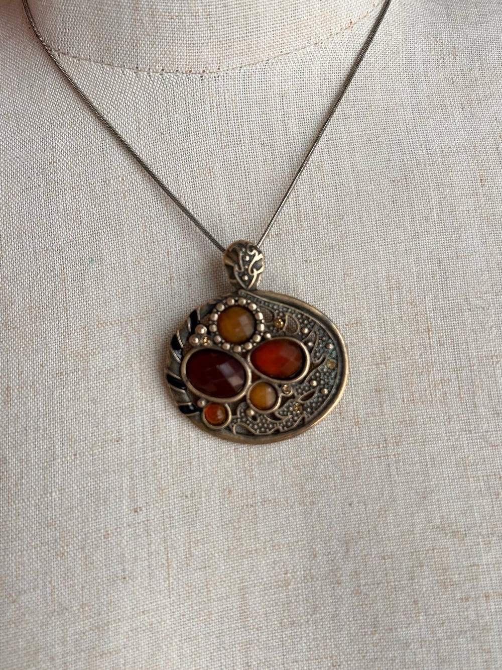 Vintage Bronze Amber & Citrine Stone Pendant Necklace